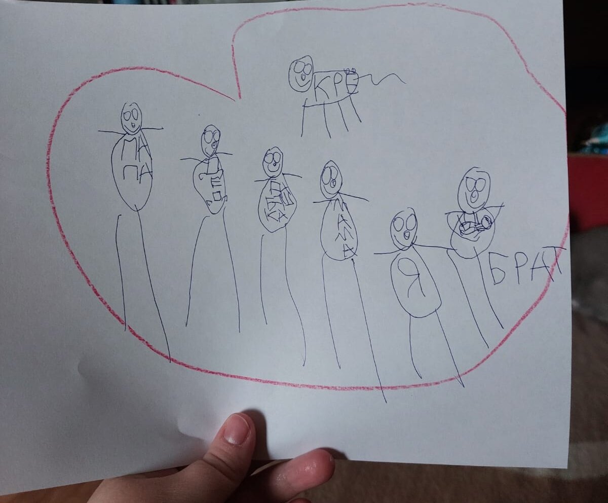 Маруся быстренько свою семью изобразила!))😊 ( Брат, это брат её мамы(Серёга), у него на руках наша вторая внучка- Диана. Во главе семьи, судя по всему Клепа!!!)))