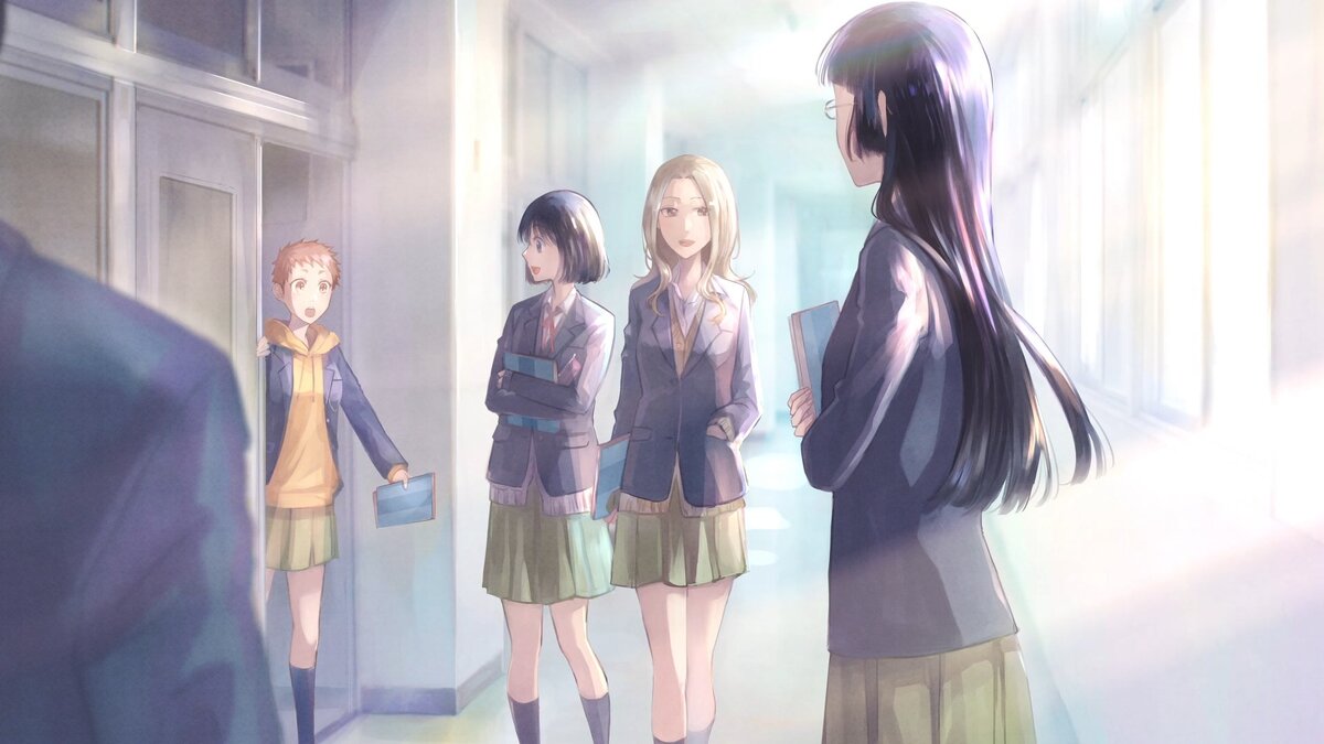 Кадр из эндинга. Нарисован совсем в другом стиле, но дивно хорош. Четыре подруги: Сацуки, Ичика, Рио и Рури.