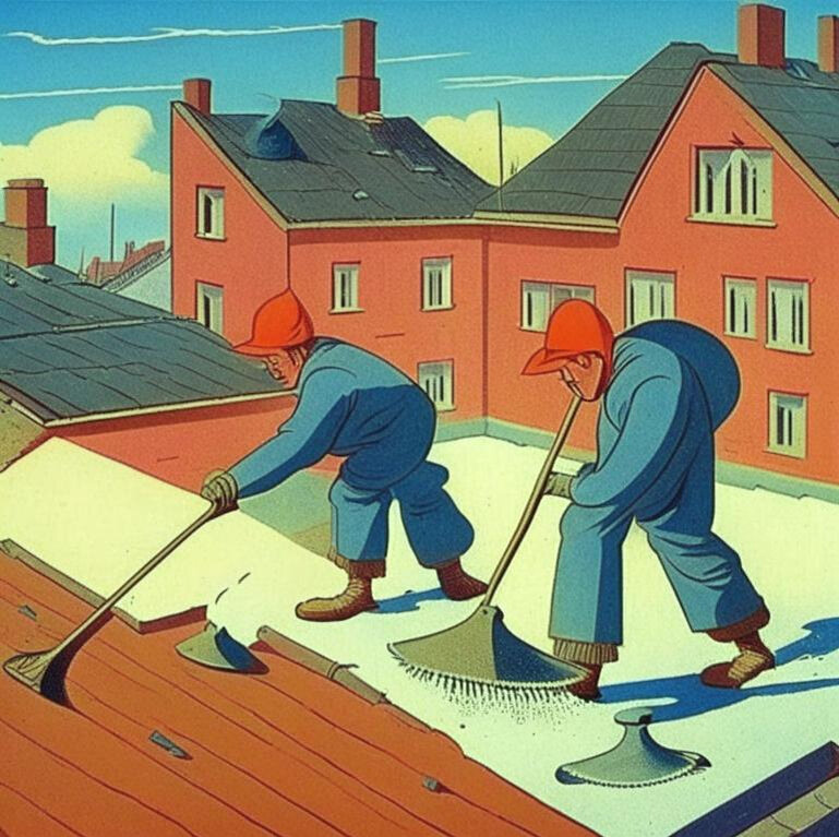Наверно бы так выглядела уборка от снега плоских крыш). Сгенерировано kandinskiy 2.1 по серии моих сложных запросов)