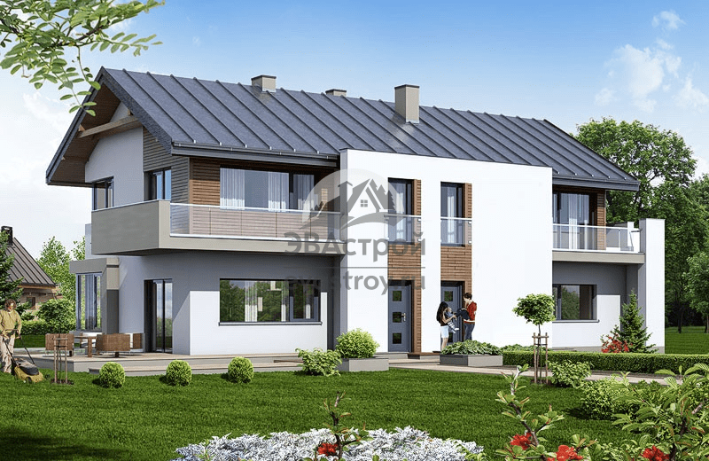 Проект двухэтажного дуплекса с большими окнами, балконом и террасой - 104-35