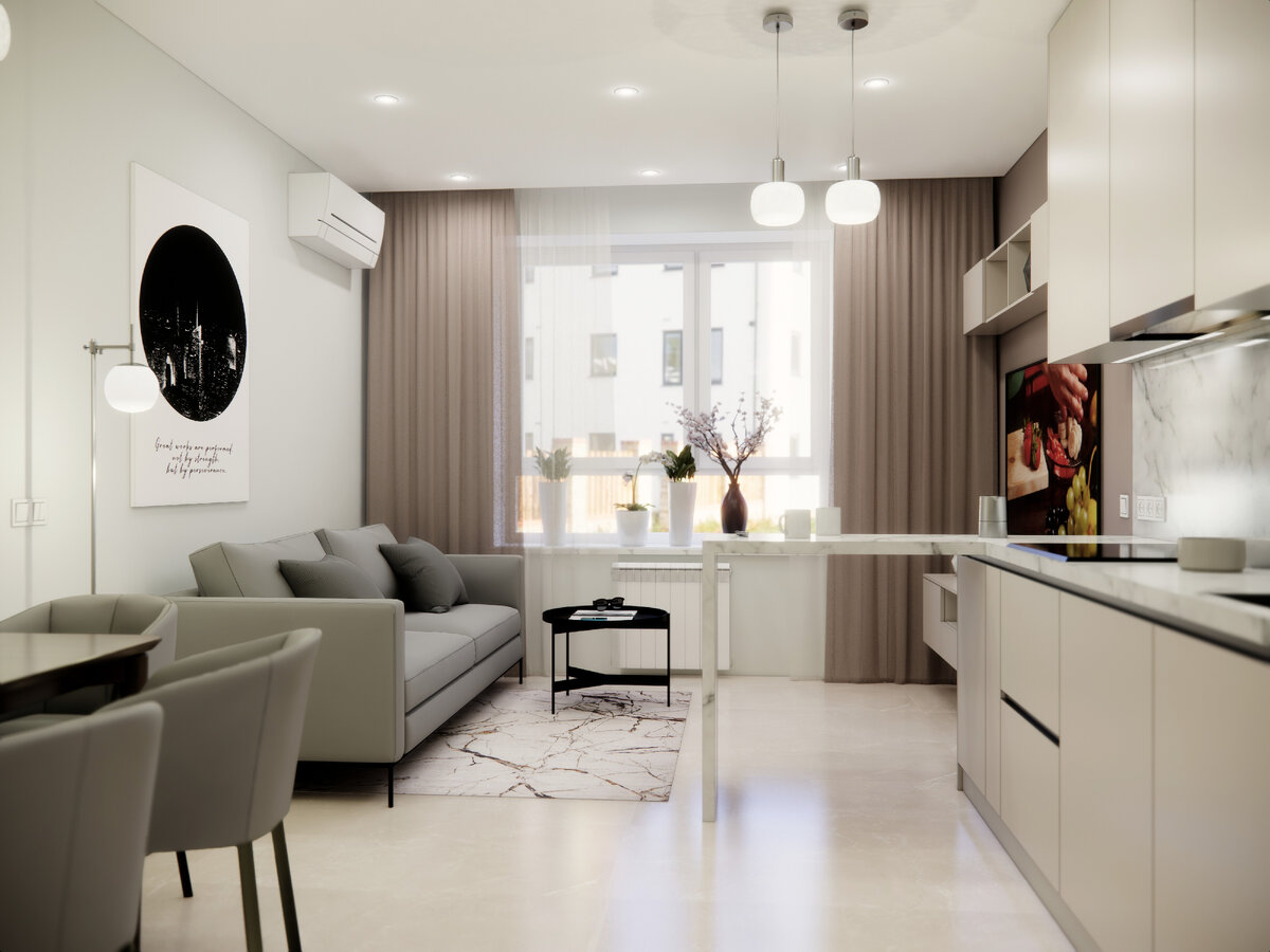 Дизайн гостиной и кухни в стиле минимализм