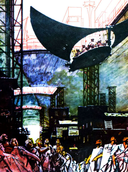 Александр Побединский. Иллюстрация к журнальной публикации романа Айзека Азимова "Космические течения!. Изображение взято из открытых источников