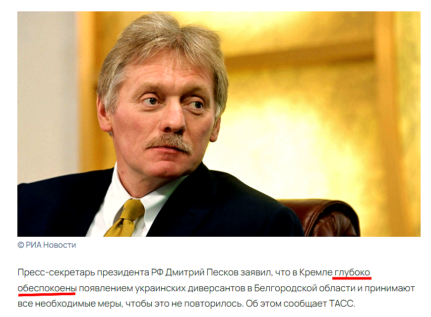 Пресс-секретарь президента РФ Дмитрий Песков заявил, что в Кремле глубоко обеспокоены появлением украинских диверсантов в Белгородской области и принимают все необходимые меры, чтобы это не повторилось. 