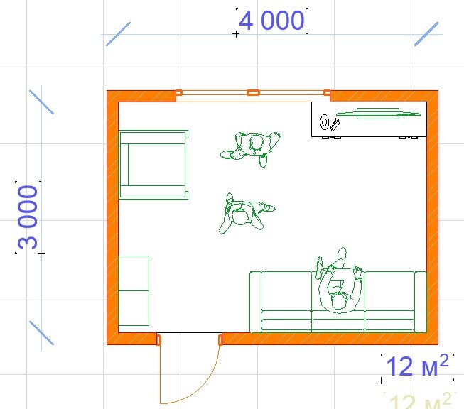 Вариант 1 гостиной 12 м.кв. Тот же вариант помещения, но мебель расставлена иначе. Журнальный столик куда-то у меня вылетел, но место для него тут есть. Диван и телевизор тут уже расположены вдоль узкой части комнаты - при таком варианте с размерами телевизора уже сильно не разгуляешься. Телевизор при таком варианте установлен так, что может частично перекрывать окно. При таком варианте солнце будет слепить сидящего на диване.  