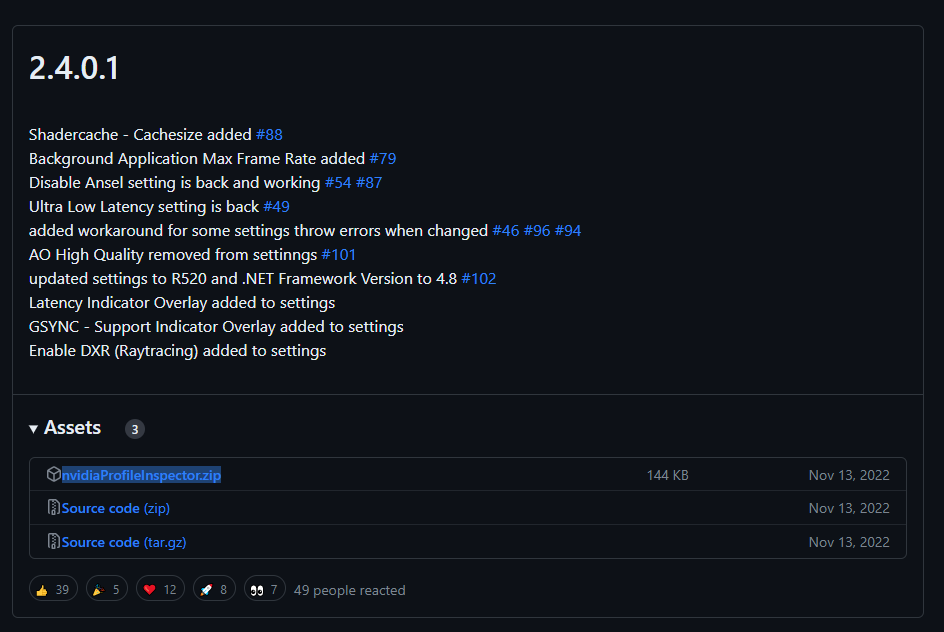 В вкладке Assets скачиваем nvidiaProfileInspector.zip и скачиваем его