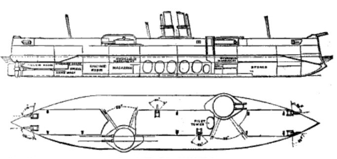 Чертеж профиля и плана "Риачуэло" - только орудия будут по одному в башнях калибром 12"