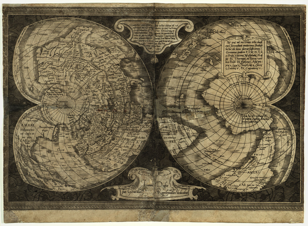 Меркатор, Герхард (1512–1594). Карта мира в двойной сердцевидной проекции. 1538 г. 
