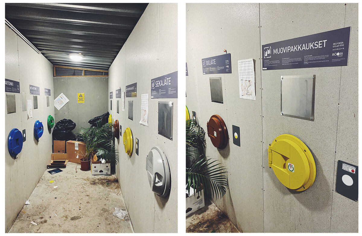 Раздельный сбор waste room изнутри. Коричневый отсек — для пищевых отходов.