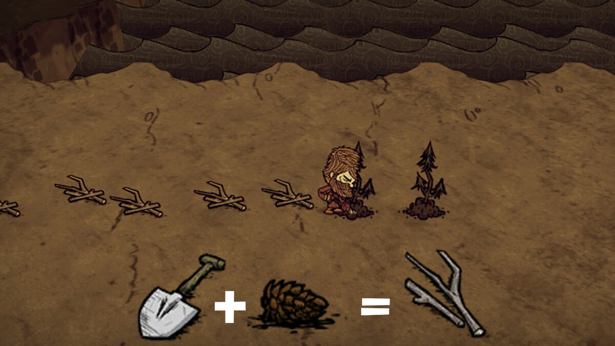 Ветки — один из важнейших ресурсов в игре наряду с кремнем и травой.
Новые ветки на обобранных кустиках достаточно долго растут, а бегать за необдерганными на другой конец мира — еще дольше. Однако, при острой необходимости данного ресурса его можно добывать из елочных шишек.
Данный лайфхак работает в том случае если у вас есть хотябы одна лопата (не меньше 8%), а так же кремень и шишки с избытком.
Механика проста. Сажаем шишки и тут же выкапываем ростки лопатой. В итоге получаем по ветке за каждый росток. Одной 100% лопаты хватит чтобы выкопать 25 веток, а одной 8% лопаты хватит на 2 ветки, из которых можно тут же сделать новую лопату.
Смею заметить, что лайфхак весьма ситуативен и уж тем более не претендует на звание самого полезного, но тем не менее он позволяет реализовать недоломанные лопаты и переизбыток шишек в ветки, особенно в случай острой сию секундной необходимости.