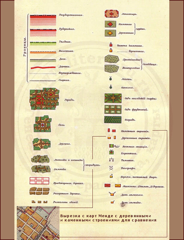 Примечание : данные условные знаки хорошо отражают период 19 века и подходят, например, к картам Менде. На них показаны типы границ, обозначения сёл и деревень и населённых пунктов, развалины. Также обозначения церквей, часовен и кладбищ, мечетей и синагог. Условные знаки данной страницы отражают также сады, огороды, строения, почтовые станции, корчмы, постоялые дворы, таможни, дома лесничего.