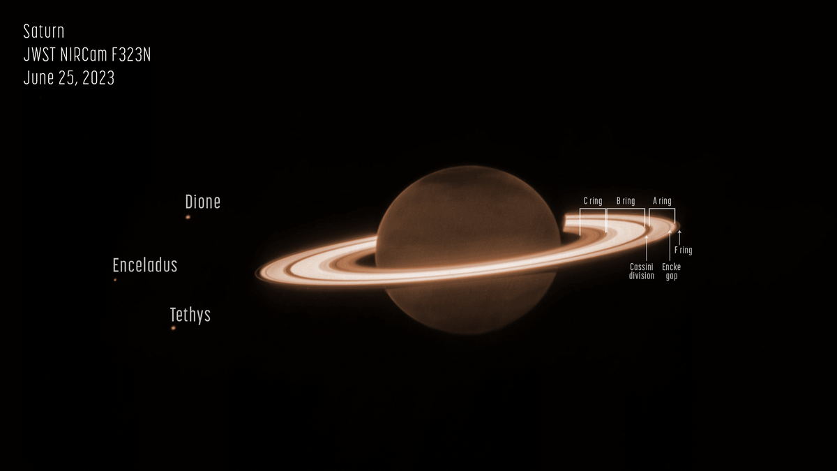    Аннотированная версия снимка Сатурна и нескольких его спутников / © NASA, ESA, CSA, STScI, M. Tiscareno (SETI Institute), M. Hedman (University of Idaho), M. El Moutamid (Cornell University), M. Showalter (SETI Institute), L. Fletcher (University of Leicester), H. Hammel (AURA); image processing by J. DePasquale (STScI))