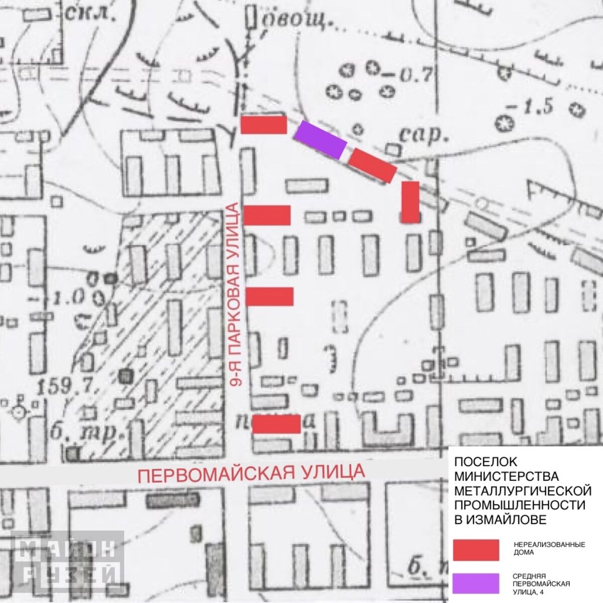 Схема поселка Министерства металлургической промышленности в Измайлове по проекту архитектора Я.А. Аир-Бабамяна. 