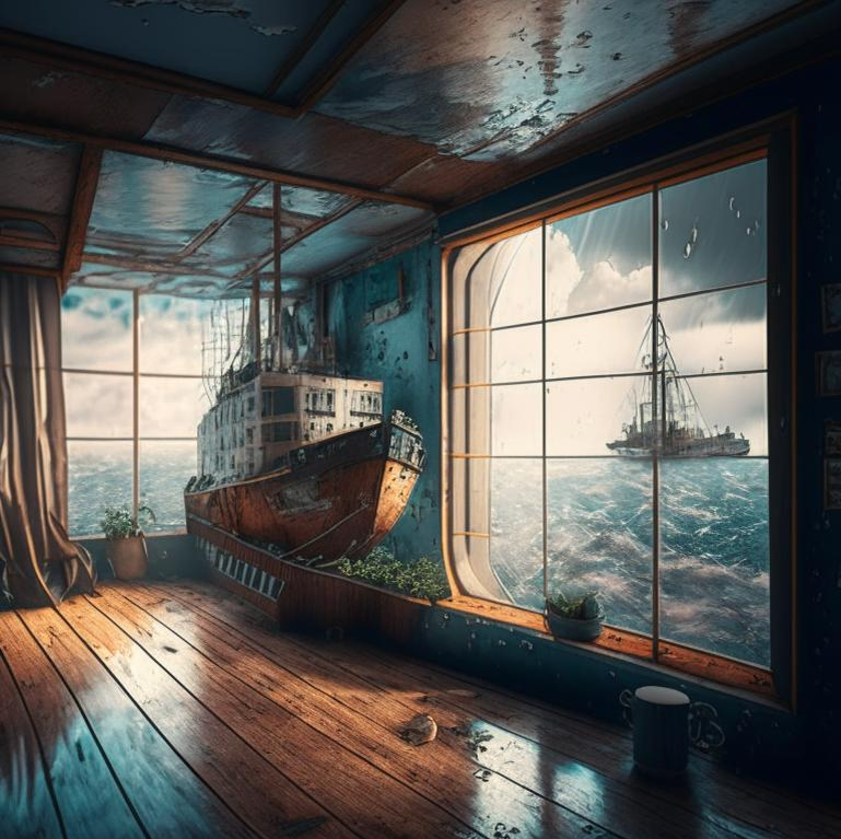 Фото сгенерировано нейросеть по запросу (на русском языке): квартира в стиле лофт, панорамное окно, за окном вид будущего человека - солнце, дождь, море и старый корабль Сайт: https://editor.fusionbrain.ai/