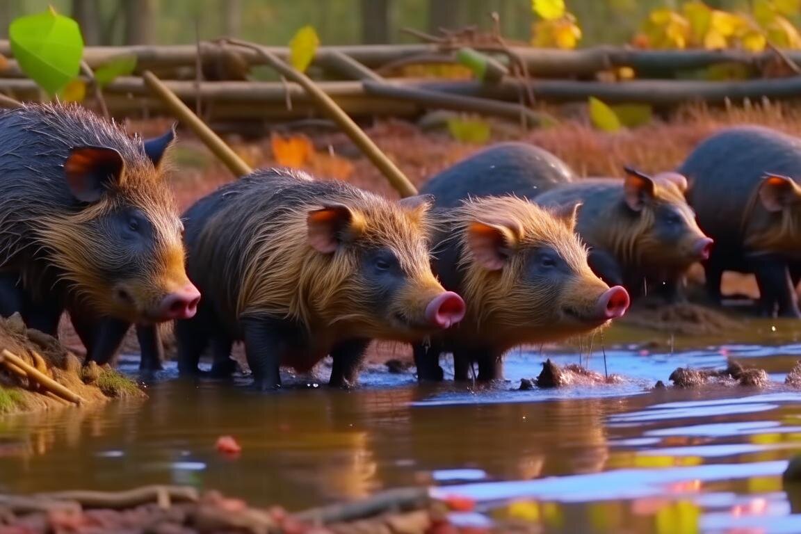 Хрюшки сломали бобровую плотину. Нейросеть Kandinsky 2.2.