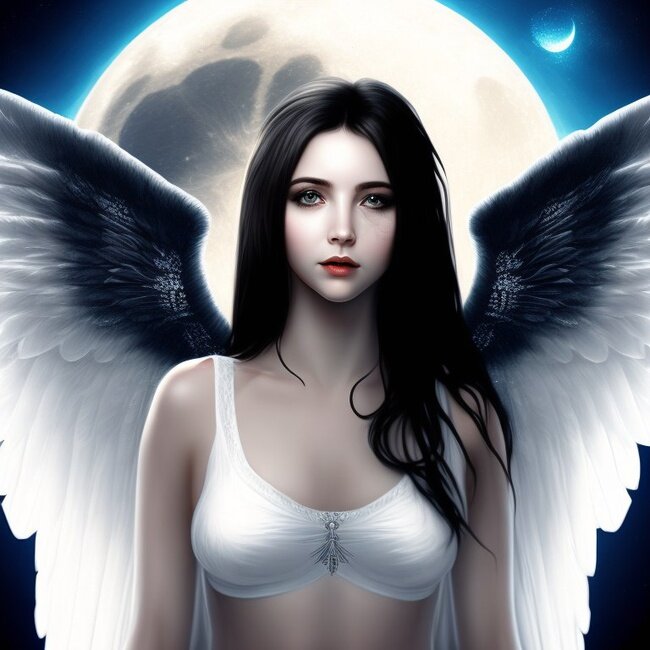 Изображение созданное нейросеть. Ангел на фоне полной Луны.
