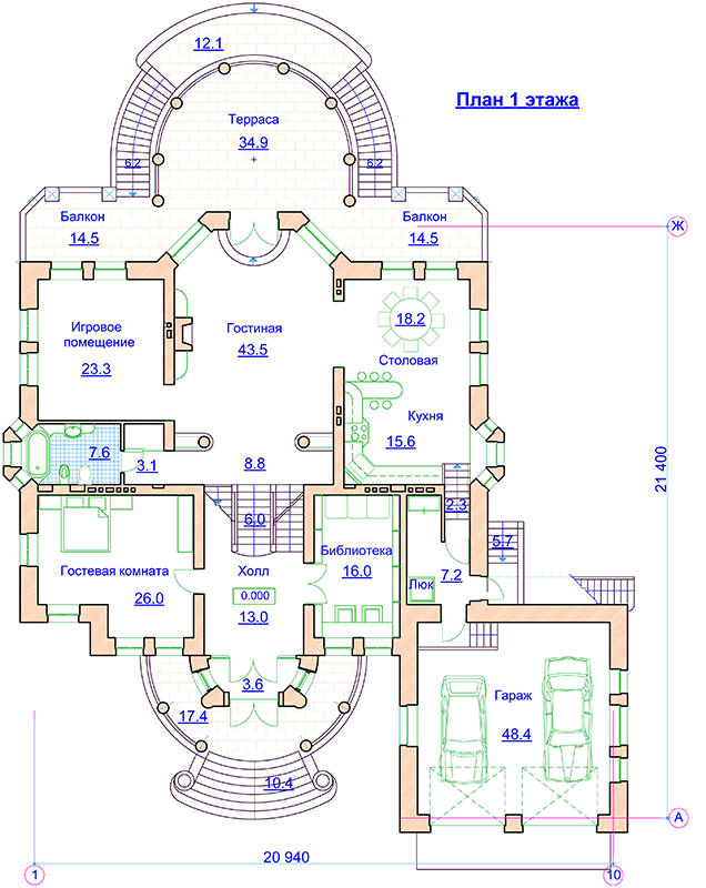 Проект двухэтажного дома 706 м2 в стиле барокко с цокольным этажом - PA-17