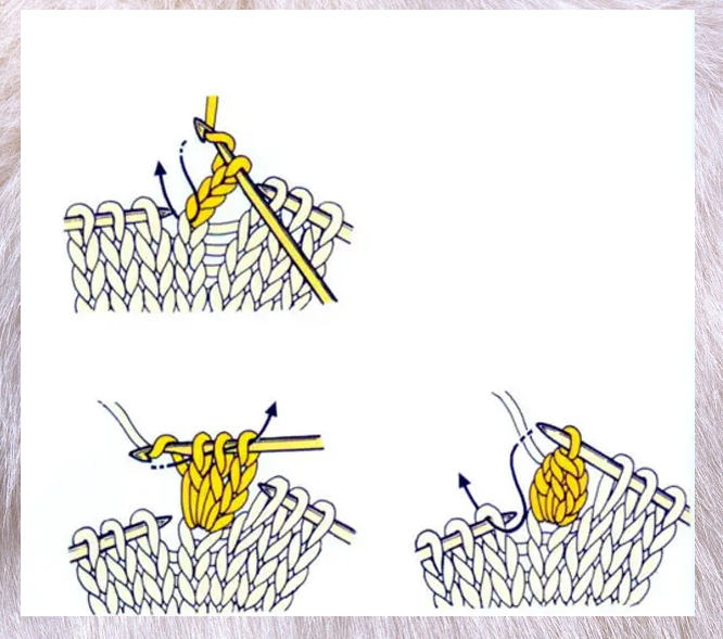 Узор шишечки спицами. Вязание шишечек спицами из 5 петель. Вывязывание шишечек крючком. Вывязывание шишечек спицами. Шишечки крючком на лицевой глади.