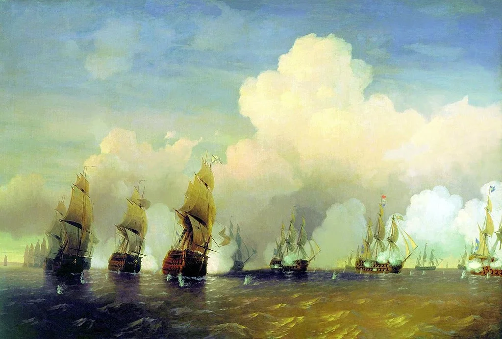 1790, 23-24 мая (3-4 июня) - К западу от острова Котлин состоялось Красногорское морское сражение между русской эскадрой (17 линейных кораблей) и шведской эскадрой (22 линейных корабля). В ходе боя отражена попытка шведов напасть на Кронштадт и Санкт-Петербург. (" Сражение русского флота со шведским флотом в 1790 году вблизи Кронштадта при Красной Горке". худ. А.П. Боголюбов).