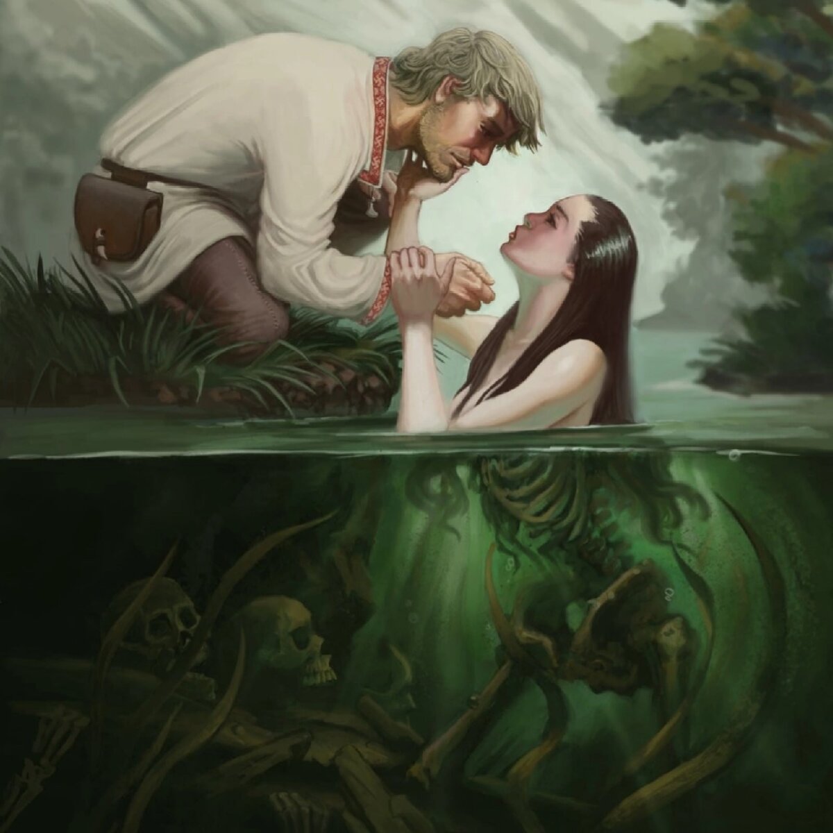 
Первая Русальная неделя прошла в апреле, тогда встречали-привечали славяне русалок. Русальи дни начинаются с 26 мая, с праздника кукушки. 2 июня летняя Русальная неделя оканчивается проводами русалок.

✔ Русальная неделя – время вспомнить о Предках

Прежде всего, вспоминали на Русальной неделе предков. Русалки-то – не просто духи речные. Становится русалкой девушка, что утопла молодой, до замужества, или умерла в Русальи дни. Потому относились к русалкам уважительно. Помнили, что среди них могут быть и души предков.

Чтобы задобрить русалок, молодые девушки уходили в лес или на берег реки, украшали яркими лентами березки – будут вечерами русалки на тонких березовых веточках качаться да радоваться. Иной раз в Русальи дни слышен со стороны реки будто звонкий смех — видно, русалкам по нраву пришлись подарки.

В иных деревнях вывешивают на Русальной неделе на ворота льняные рубахи или относят льняное полотно в лес. Коли задобрить нынче русалок, отблагодарят они богатым урожаем льна и жита. А вот ткать, прясть, шить одежду, белить лён в Русальи дни не надобно. Сказывают, нынче русалки непременно придут помочь женщине, что взялась ткать полотно, только лён перепортят и беды в дом принесут.

До проводов русалки блюли осторожу. Старались малых детей в лес, в поле, на пригорки не отпускать водить хороводы. На Русальной неделе танцуют там водяницы. Не уследят родители за ребенком малым – утянут его русалки в хоровод. Особо следили, что не ходили дети к берегам рек. До проводов русалок в реках, озерах не купались.

✔ Волшебные проводы русалки

Собирались на проводы русалки красавицы-девицы молодые да отдельно парни и мужики. Обрядов проводов много было, в каждом селе свой обычай. Расскажем те, что нам ведомы.

Где на Русальной неделе куст водили. Слышали о таком обряде? В начале Русальих дней наряжала молодежь небольшую березку лентами. Березку ту ставили на пригорке в середку хоровода, песни подле неё пели, в игры играли. Во время проводов русалок несколько молодых девушек обходили дворы с березкой в руках. После обряда березку бросали в реку — «топили русалку».

В других деревнях выбирали девушку, которая будет нынче русалкой. Девушка обряжалась в длинную до полу льняную рубаху без вышивки и пояса, распускала косы – показывала, что в русалий день она принадлежит к миру Нави. В таком наряде девушка ходила по деревне, стараясь поймать парня или девушку, а те разбегались от русалки во все стороны. Считалось, коли русалка кого коснется на Русальной неделе – ждать беды нынешним летом. К вечеру выходили «погонщики» — парни, спрятавшиеся за масками-личинами или с лицами, испачканными печной сажей. В иных селах русалку прогонял Знатка.

На закате в последний день Русальной недели собирались все жители деревни. Женщины да девушки, кроме изображавших русалок, празднично обряжались. «Погонщики» выводили русалку из деревни в лес или поле. В поле уже прятались мужчины да парни с кнутами, выпрыгивали неожиданно, пугали женщин. А женщины спрашивали у них «Русалоцки, как лен, уродился?». «Уродился!» — отвечали ряженые, показывая длинный кнут, подобный длинным стеблям льна. «Погонщики» же уводили русалку в лес, а женщины да девушки пели печальные песни, провожая её.

❗ Где узнать больше обычаев Русальной недели?

Так оканчивался праздник проводов русалок, последний Русальный день июня. В следующий раз можно будет встретить русалок только в Купальскую ночь да следующим летом. А хочется ещё с русалками покумиться, продлить волшебное время расцвета природы, молодости, красоты!

Сказывают, не только люди любят этот праздник, а и Боги. В Русальную неделю приходят они на землю, тогда много чудес случается. А мы о том в книгах славянских сказок рассказываем. Коли хотите с русалками не расставаться, читайте волшебные сказки МИРА РАТИБОРА!