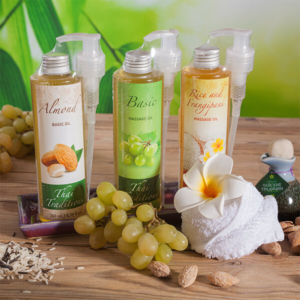Масло массажное - базовое Миндальное 260 мл, Масло массажное - базовое Виноградная косточка 260 мл, Масло массажное гипоаллергенное Рис и Франжипани 260 мл
