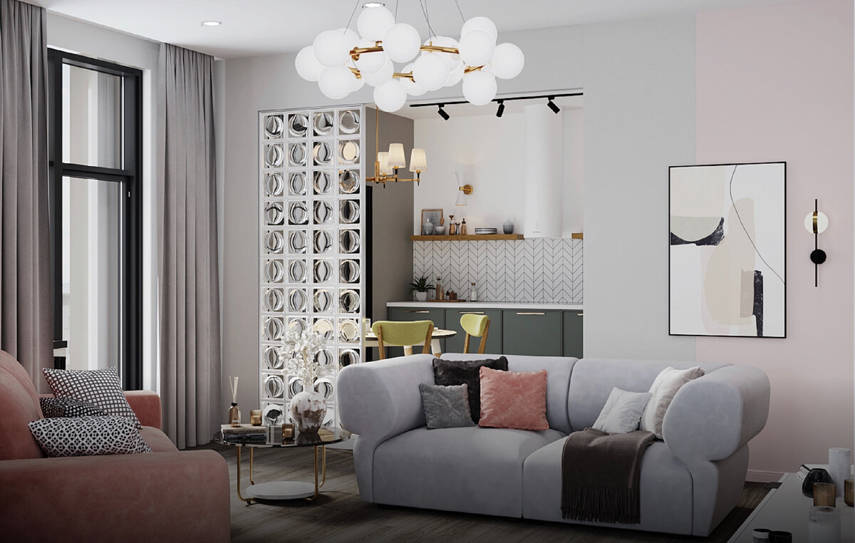 Пример использования стеклоблоков в интерьере гостиной в ЖК Приморский в Санкт-Петербурге.