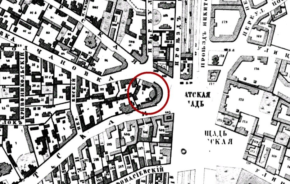 Место расположения доходного дома Фирсановой - Ганецкой. Карта Москвы конца 19-го столетия.Здесь находился трактир "Прага".