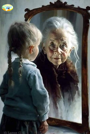 Я бы эту картинку сделал наоборот - в зеркало смотрится бабулечка, а в отражении видит девочку. Каждый из нас внутри ребенок, сколько бы лет ему не было - душа человека не стареет (прим. от автора канала). 
