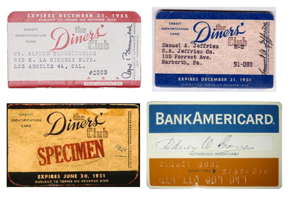 Карты Diners Club и первая карта BankAmericard Источник: https://kipmu.ru/kogda-i-kak-poyavilis-kreditnye-kartochki/