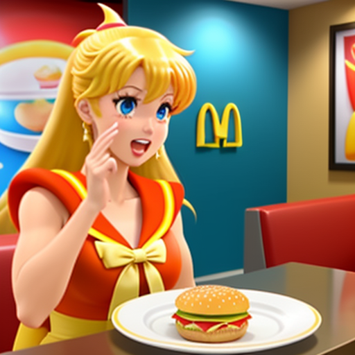 Furious Sailor Venus throws her plate with Big Mac in McDonalds cafe, cartoon style