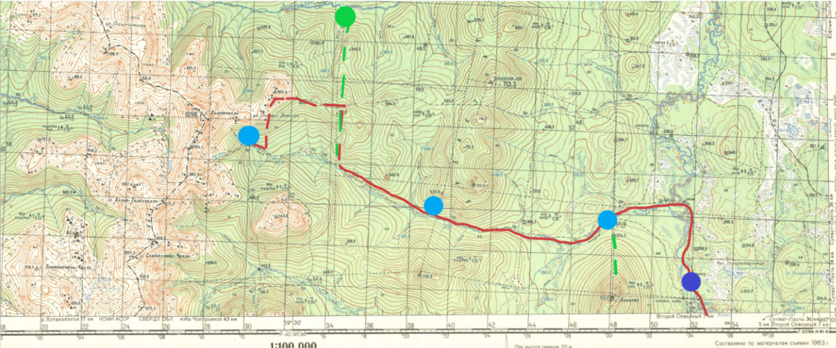 Рис. 1. Мой вариант движения группы по Ауспии. Красная сплошная линия - маршрут группы от стоянки на Лозьве 28 Января до постепенного удаления от Ауспии 31 Января. Красная пунктирная линия - мой вариант движения по просеке и тропе до кромки леса и спуска к Ауспии. Зеленый пунктир - возможные варианты посещения ХойЭквы 29 Января и возможный вариант движения 31 Января по просеке до пересечения с Лозьвой, если бы было принято такое решение. Синяя точка - стоянка на Лозьве, голубые точки - стоянки на Ауспии (все они были обнаружены поисковиками), зеленая точка - возможная стоянка на Лозьве, если бы группа пошла по маршруту, приведенному на Рис. 2
