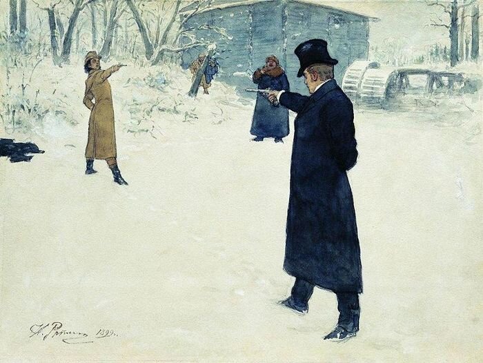И.Е. Репин "Дуэль Онегина и Ленского", 1899г. Изображение взято отсюда - https://evgenij-onegin.ru/illyustratsii/