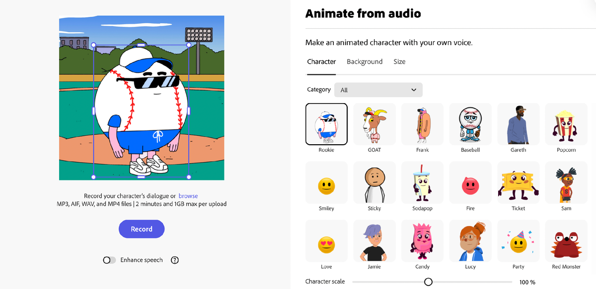 выбор персонажа, размера экрана и фона