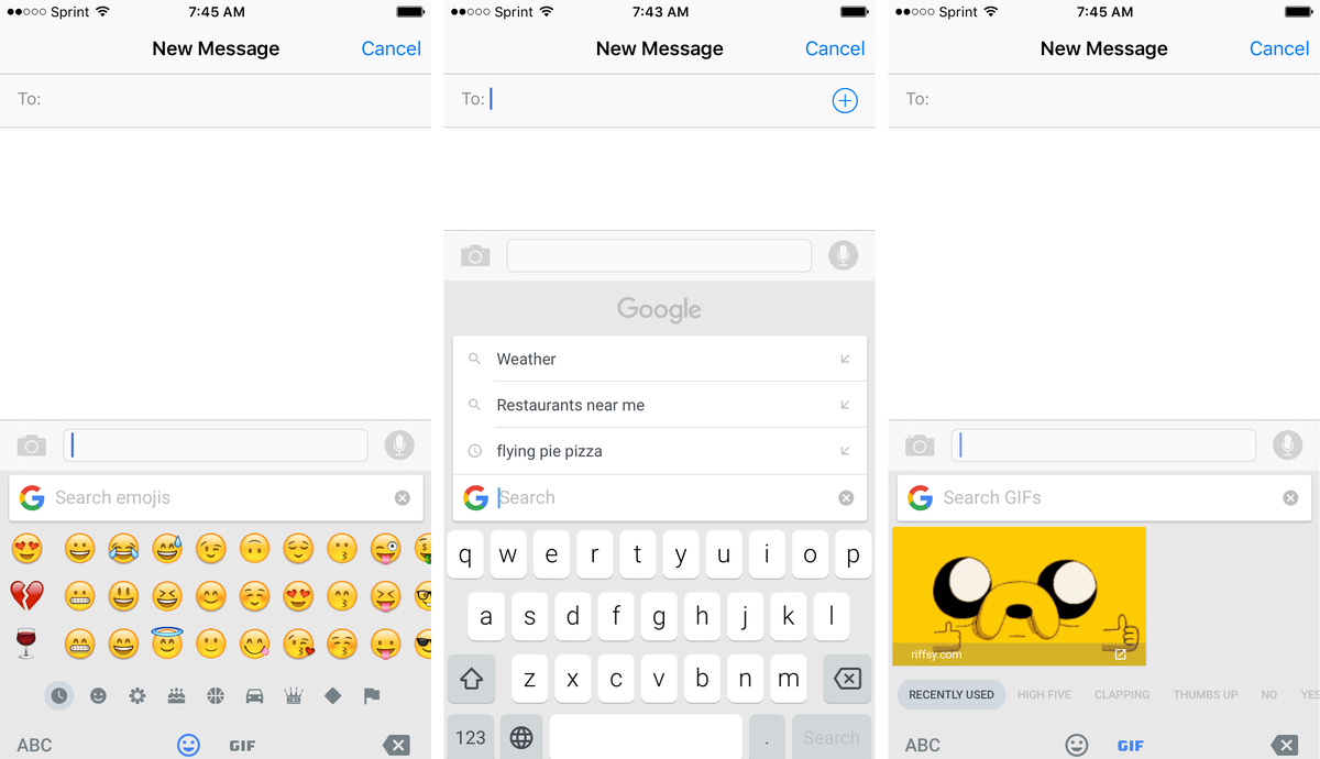 Поиск в Emoji, интегрированная панель поиска Google и поиск GIF