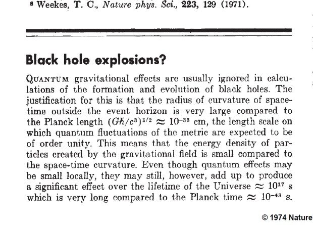 Фрагмент статьи Стивена Хокинга, посвященная излучению черных дыр — «Черные дыры взрываются?», Nature, 1974 год \ NPG