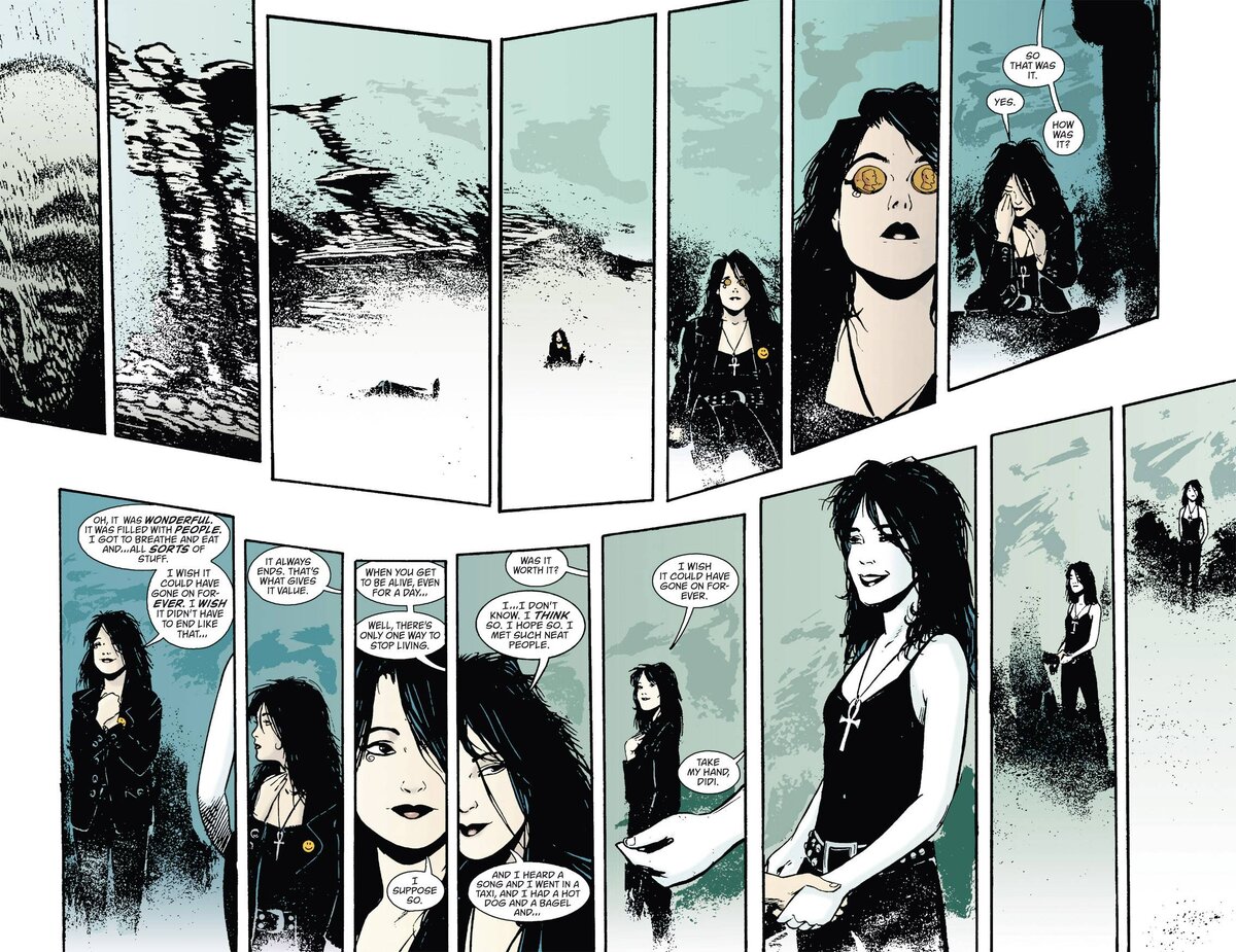 Фрагмент комикса Нила Геймана "Death - The High Host of Living" - отвлетвления от основной серии "The Sandman". Vertigo Comics, 1993. Источник: https://scifi.stackexchange.com/questions/158753/who-is-death-talking-to-at-the-end-of-death-the-high-cost-of-living 