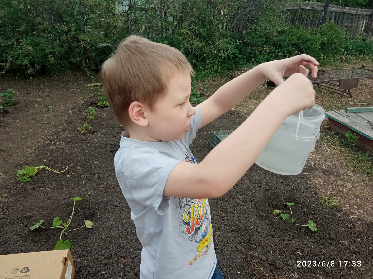 Вот так Паша поливал огород до того, как ему подарили лейку