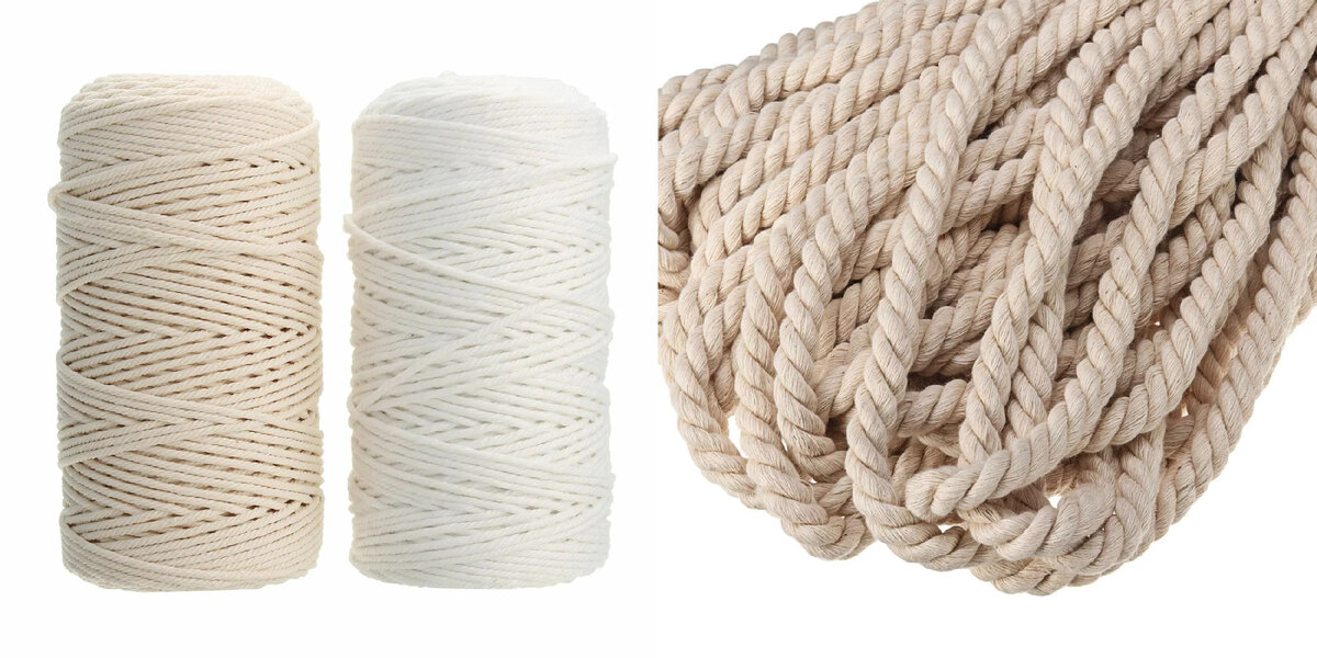 На фото: Трёхпрядная хлопковая веревка 3 мм/6 мм диаметр.