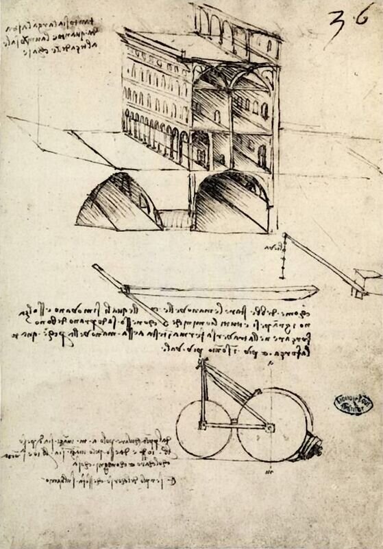 Страница одного из кодексов Леонардо. В верхней части лист - рисунок к его градостроительной идее