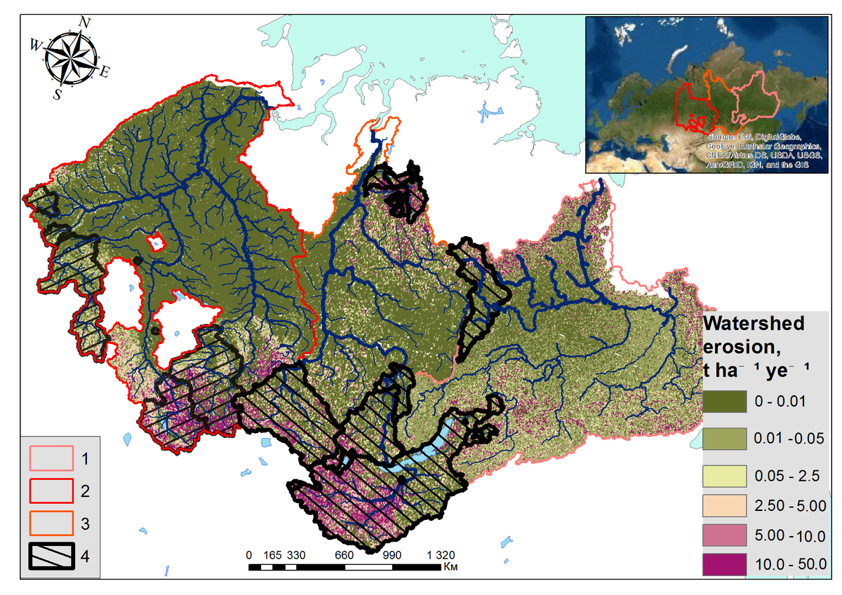 Эрозия почв, находящихся на территориях водосборов рек Обь, Енисей и Лена. Источник: Chalov and Ivanov / Catena, 2023