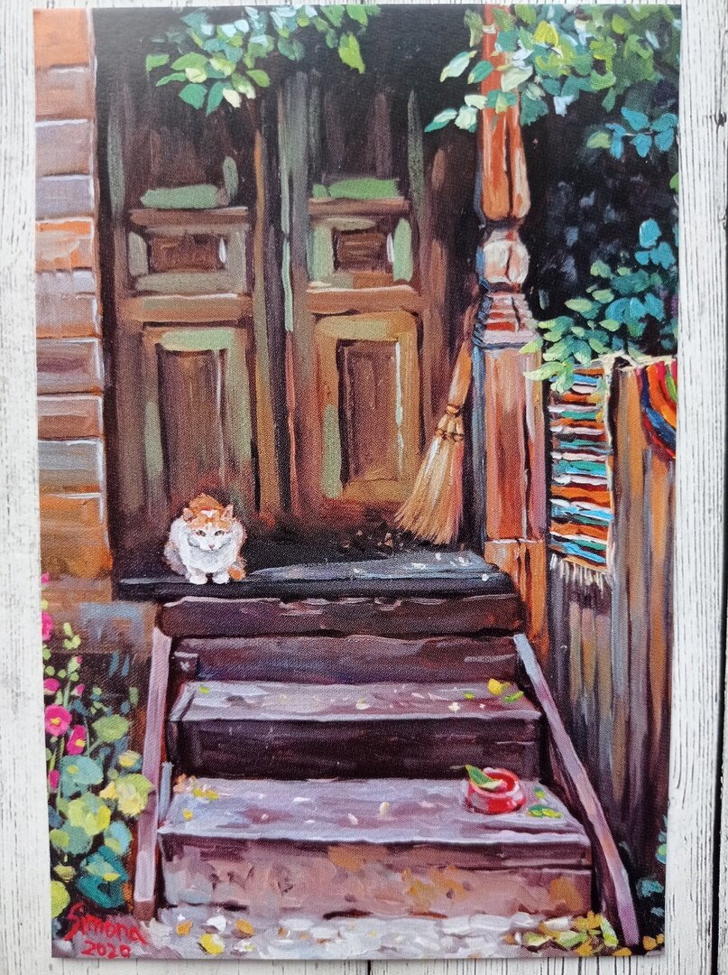 "РАЗВЕЛИ УБОРКУ" открытка из набора "Кошки и окошки", художник Светлана Симоненко