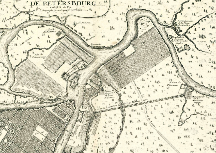 Фрагмент перспективного плана Санкт-Петербурга, изданного в Париже в 1717 картографом Николя де Фер (N. de Fer).  Представляет собой практически точную копию Генерального плана  Д. Трезини в 1716 года, разосланного в копиях по велению Петра I в большинство царствующих дворов Европы. Дорога от Адмиралтейства до монастыря изображена идеально прямой и точно ориентированной как на Адмиралтейство, так и на главный храм Александро-Невского монастыря. . 