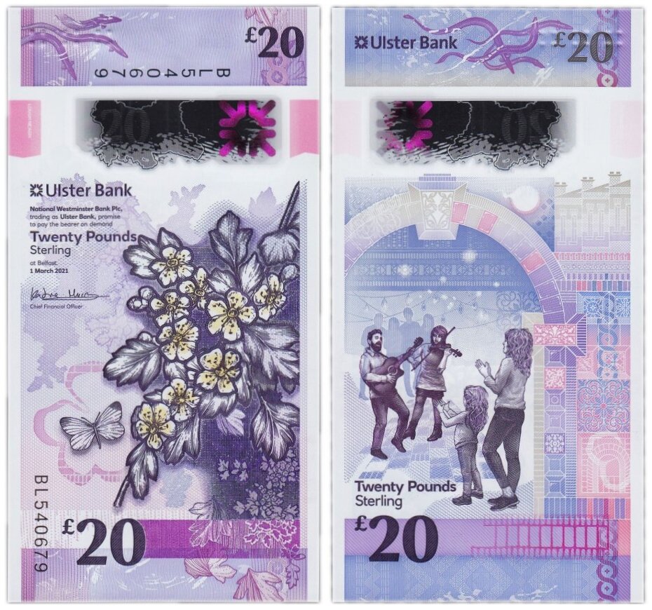 Основные выпускные данные указаны на лицевой стороне банкноты: "National Westminster Bank Plc trading as Ulster Bank promises to pay to bearer on demand Twenty Pounds Sterling at Belfast 1 March 2021" (тут, собственно, и без перевода всё понятно)