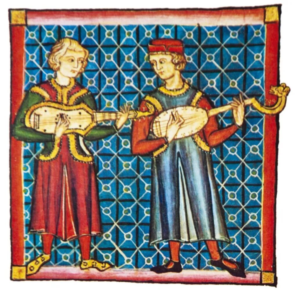 Латинская и мавританская гитары. Миниатюра из "Кантиги Святой Марии" (ок. 1250 г.)