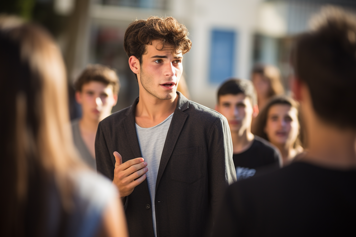 Молодой человек обращается с вопросом к компании израильтян. Израильская компания смотрит на него с недоумением и не понимает, что он спрашивает.