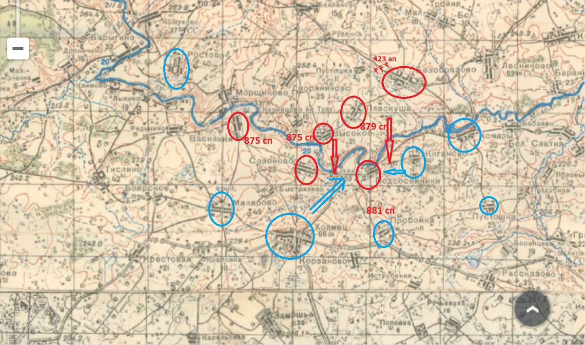 На карте района я изобразил позиции и направления ударов немцев и контрударов РККА с начала 27 февраля 1942г. Огневые позиции артиллерии РГК находятся за пределами этой карты (севернее). Подсосенники выступали как бельмо на глазу для немцев, поэтому они и пытались ликвидировать наш плацдарм здесь.