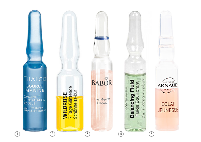1. Эссенция для лица Absolute Hydra-Marine Concentrate, Thalgo (2735 руб.) 2. Концентрат 7 Tage Glättende Schönheits-Kur, Weleda (500 руб.) 3. Ампулы Perfect Glow, Babor (2810 руб.) 4. Балансирующий концентрат Ampoules Balancing Fluid, Janssen (3270 руб.) 5. Ампулы быстрого действия Eclat Jeunesse, Arnaud (429 руб.)