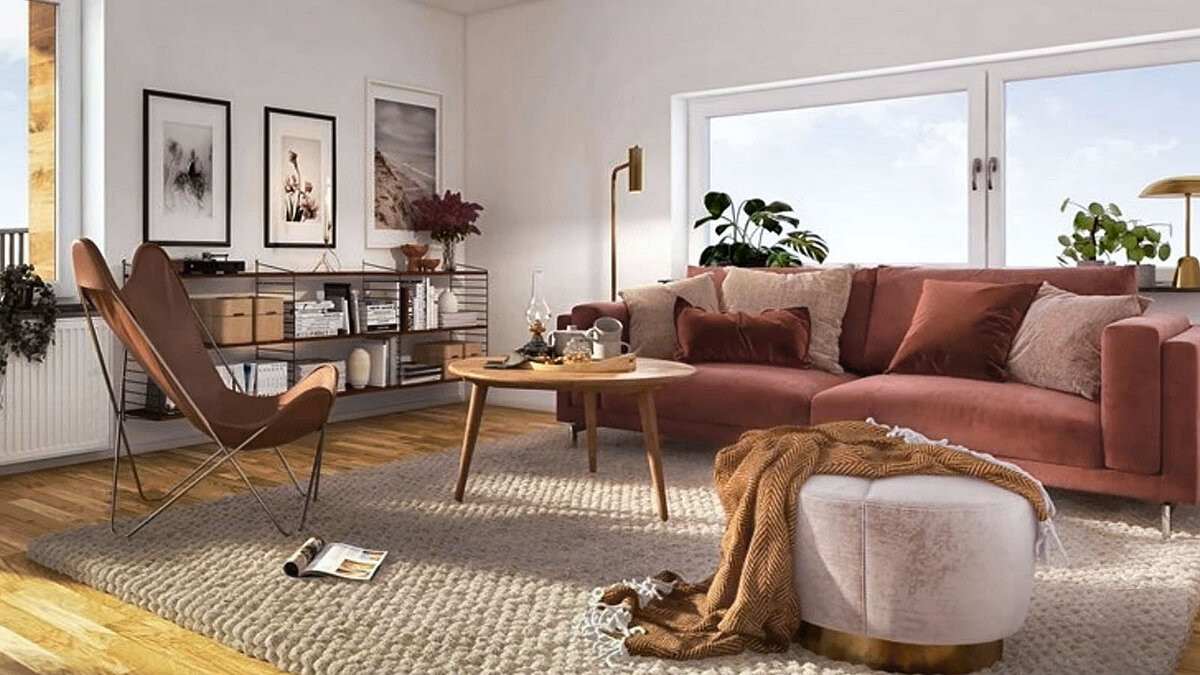 Интерьер современной гостиной в скандинавском стиле.