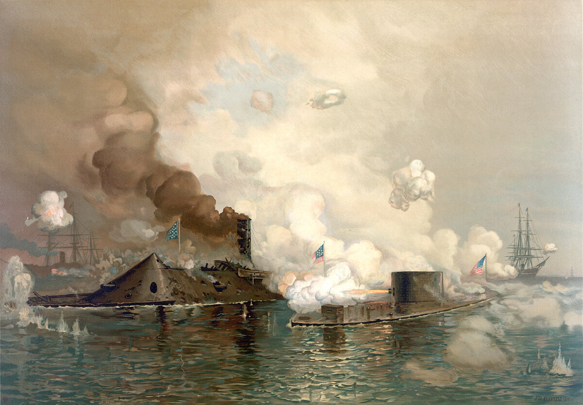 USS Monitor [справа] - корабль, имя которого стало обозначением целого класса кораблей (ведет бой с другим кораблем того же класса во время Гражданской Войны в США, 9.03.1862г.) (Source: Wiki)