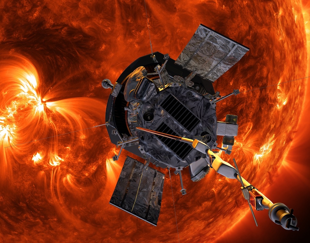 Зонда Parker Solar Probe на фоне Солнца (NASA/Johns Hopkins University/Applied Physics Laboratory)