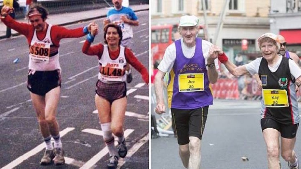 Супруги Джо и Кей О'Рейган из Ирландии на финише своего первого марафона и марафона в честь 57-летия свадьбы